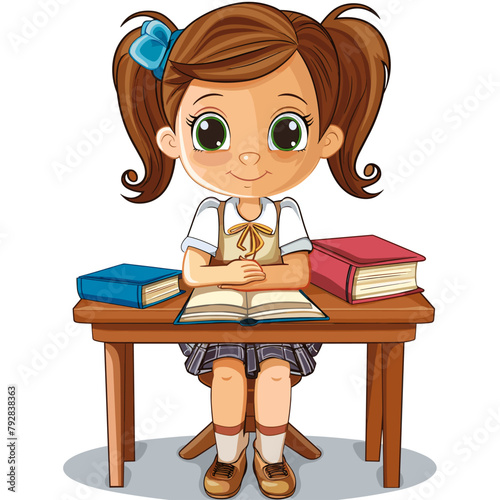 vector girl schoolgirl at her desk .Generative AI