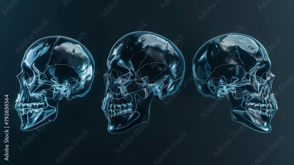 Illustration of human anatomy. Skull without a jaw. Skull rotated at different angles. Background black.