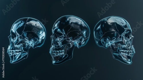 Illustration of human anatomy. Skull without a jaw. Skull rotated at different angles. Background black.