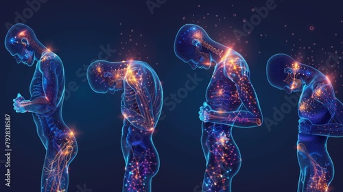 Graphitech illustration of body pain, injury icon set, anatomy silhouette. Medicine treatment infographic concept. Sore throat, headache, heartache, and heartburn. photo