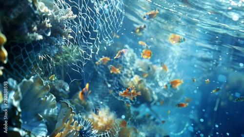 Hazy dreamlike depiction of a school of fish swimming in crystal clear water with a faint outoffocus image of a fishing net tangled ast the corals conveying the urgency for responsible . photo