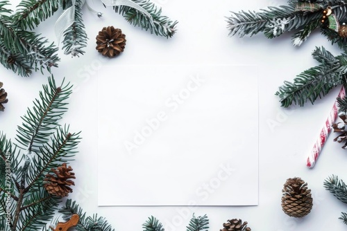 Festive Christmas Composition with Blank Card, Gifts, and Decorations