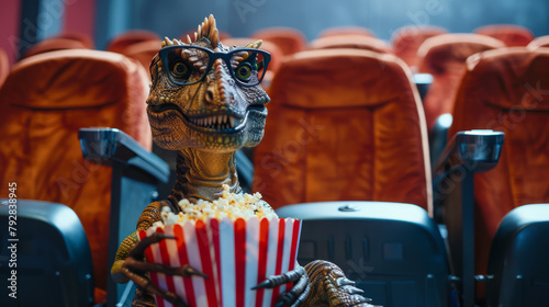 A dinosaur with popcorn is watching a movie in the cinema, Generative AI