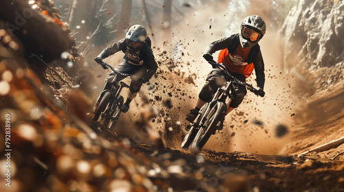 Two people are riding mountain bikes on a dusty dirt road on a sunny hot day. The bikes are covered in mud, and the cyclists are wearing helmets