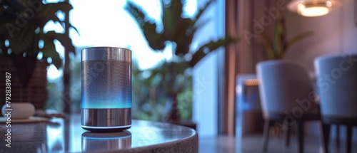 A close-up shot of a modern silver wireless speaker on a table in the home with a hologram for recording voice messages photo