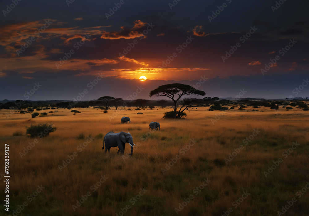 Warthogs trot through the savannah with their characteristic gait.