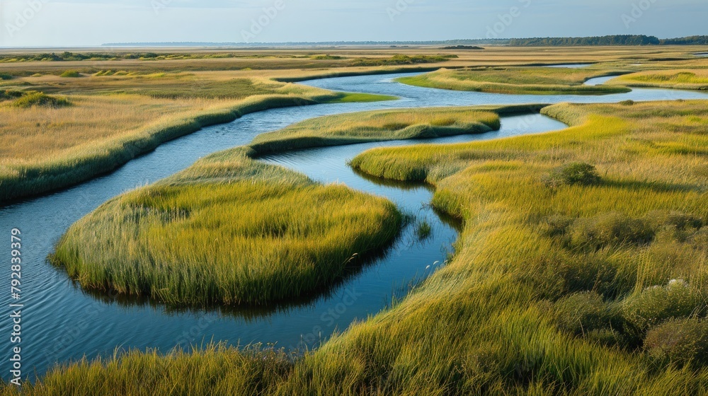 A coastal marshland with meandering water channels. Copy Space.