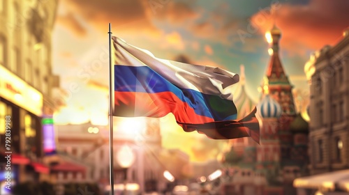 Russia Flag Waving Proudly Blue Sky with Clouds blured city view. Patriotism concept photo