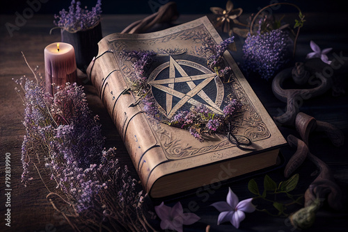 Antique Leather-Bound Book Featuring a Pentagram With Dried Flowers and Candle on a Wooden Table