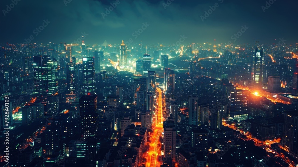 Fototapeta premium A cityscape at night with illuminated streets. Copy Space.