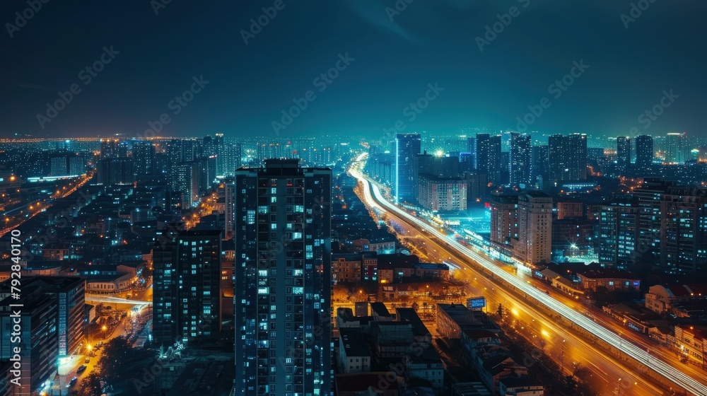 A cityscape at night with illuminated streets. Copy Space.