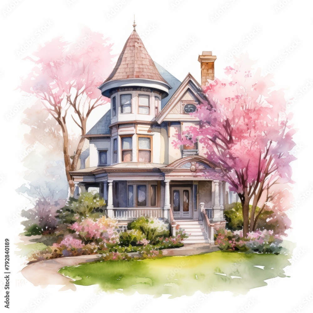 Fototapeta premium water color spring garden victorian house on white background