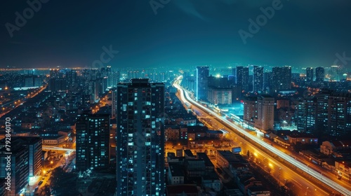 A cityscape at night with illuminated streets. Copy Space.