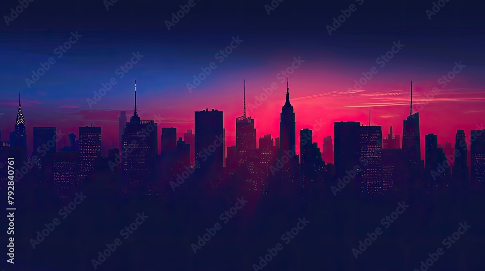 Silhouette of a city skyline with red and blue backlighting