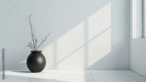 Pure white wall with a single black ceramic pot