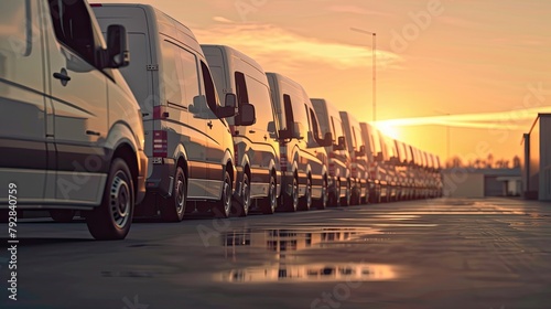 Row of delivery vans lined up at a distribution warehouse at sunrise