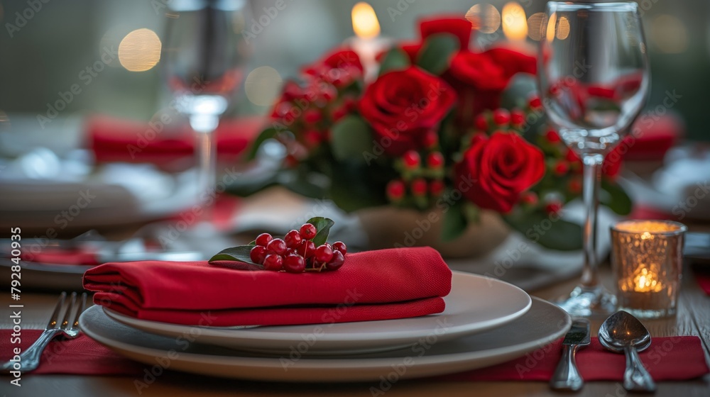 Fototapeta premium elegant table setting with red napkin and cutlery