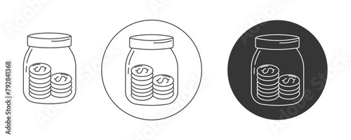 Savings jar with stacks of coins, dollar sign. Vector icon set, editable stroke. Flat line, pictogram. Finance and business concept. For app, website, ui. Isolated background.