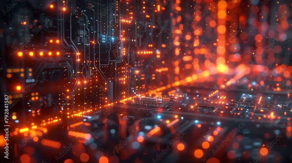 An artistic depiction of a motherboard with data visualized as glowing neon pulses traveling along the copper tracks.