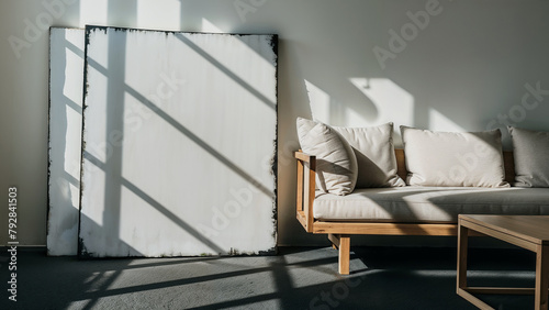 Minimalist living room bathed in sunlight with models of canvas or paintings. Frame On The Ground.
