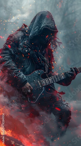 Young male model playing an electric guitar decorated in Rock Metal style, fantasy art style. The style is extremely realistic and details futuristic technology gennerate with Ai