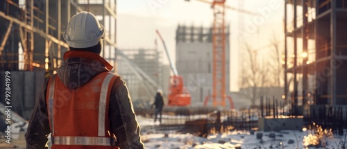 Backshot of a worker contractor wearing a hard hat and safety vest as he walks on a building construction site. In the background is a crane and the frames of a skyscraper forms the background of the photo