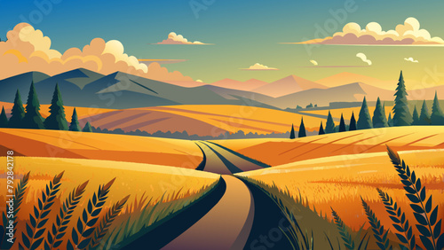 Golden Wheat Fields with Mountain Backdrop at Sunset