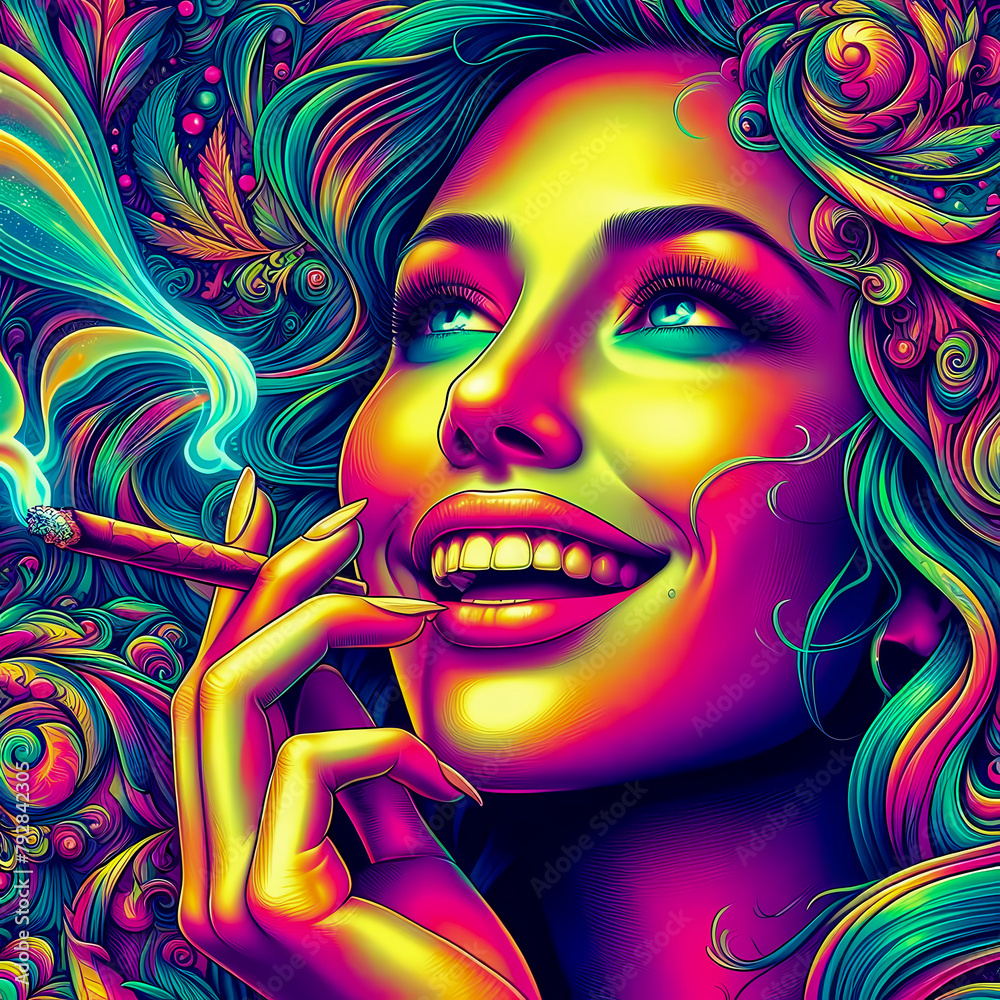 Digital art of a psychedelic beautiful woman smiling smoking a blunt
