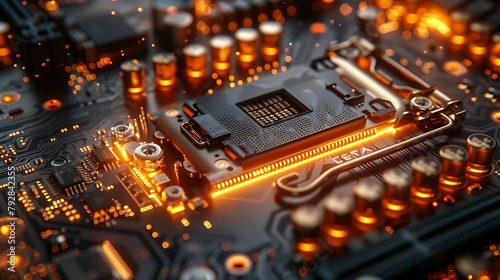 An artistic rendering of a segment of a motherboard, zooming in on the gold-plated connectors that shimmer against the contrasting matte silicon chips.