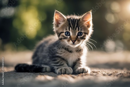 'kitten tabby sitting cat stripes fur eye curious newborn litter baby paw tail whisker pet friends companion animal helpless cute cuddly adorable to sit rest watch white background' photo
