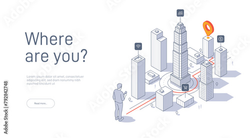Location tracking concept isometric vector illustration. Choosing shortest road. Isometric illustration with man getting direction to point in city with mobile phone. photo