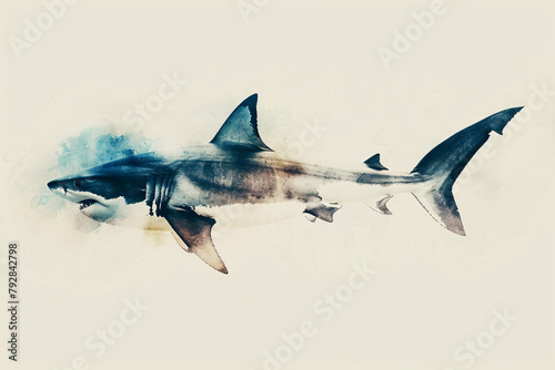 Watercolor painting of a swimming shark with splashes of blue and gray