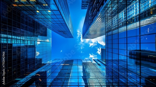 Architectural blue backdrop showcasing futuristic skyscrapers of a smart city  creating a sleek and professional look perfect for corporate and business brochures.