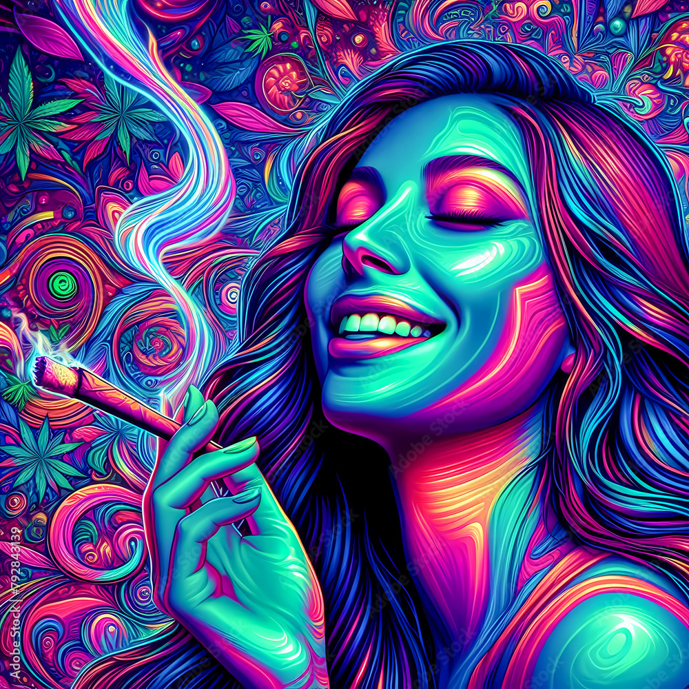 Digital art of a psychedelic beautiful woman smiling smoking a blunt