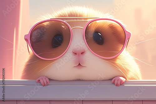 A guinea pig wearing sunglasses against pastel background, exuding coolness and confidence in the style of cuteness.