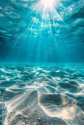 Under the clear blue sky, the golden sand of the ocean floor is visible as the sun's rays dance on the water's surface, bringing tranquility to the underwater world.