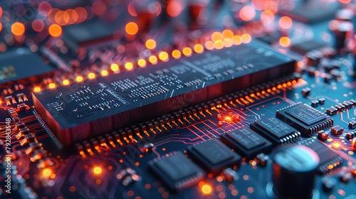 A close-up view of a motherboard's RAM slots, with a focus on the fine textures of the connectors and the sleek design of the slots.