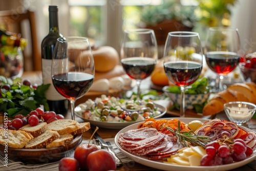 There is a dining table set with plates of delicious food and crystal glasses filled with wine.