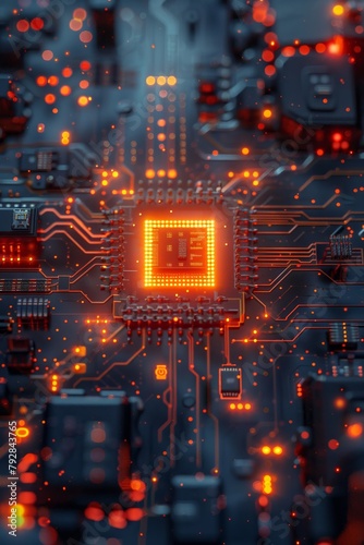 Illustrative tech backdrop showcasing a quantum computing architecture containing silicon chip and integrated circuit. Simulated neurons, worldwide information links - AI Creation