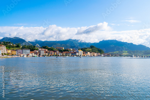 Majestic panoramic view of Ribadesella and the Sella estuary with the mountains in the background. Asturias - Spain