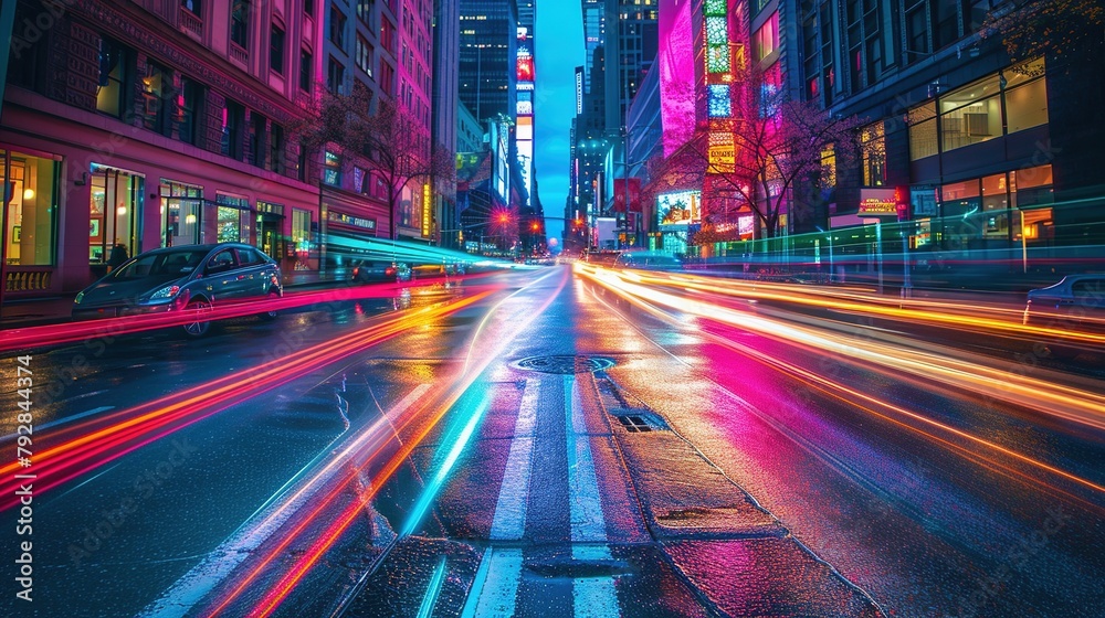 City street at night with colorful light trails