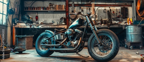 A custom Bobber Motorcycle stands in an authentic creative workshop under a warm light. photo