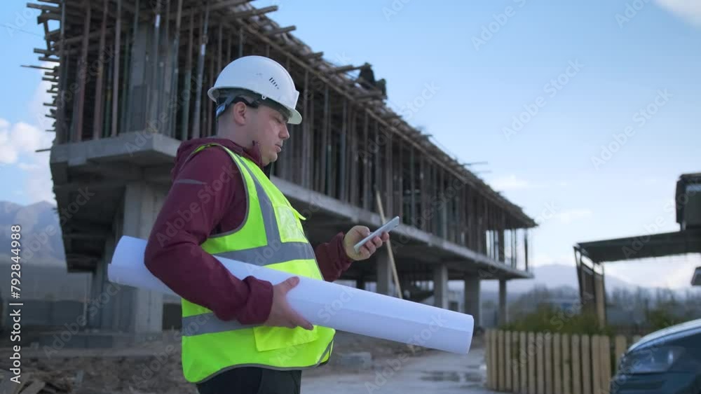 Architect engineer typing message on smart phone at construction site, standing with blueprint in hands, against backdrop of unfinished building of hotel complex. Architect engineer typing message on smart phone at construction site, standing with blueprint in hands, against backdrop of unfinished building of hotel complex.