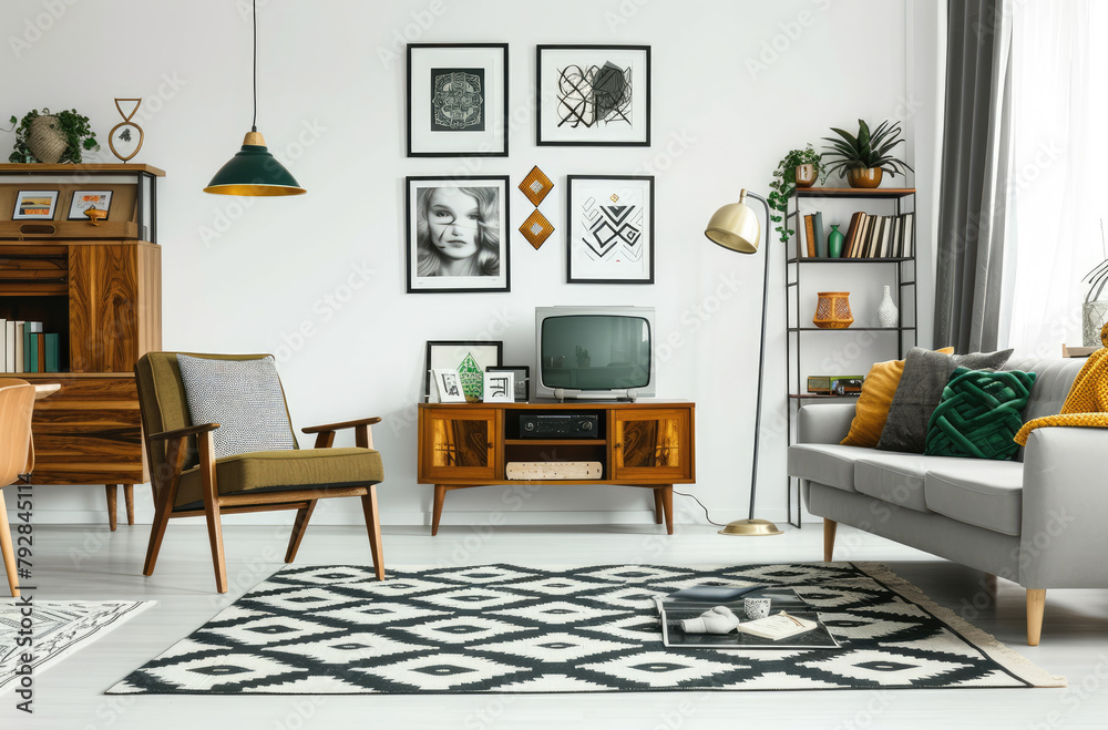 Fototapeta premium Photo of a modern living room with midcentury furniture, white walls adorned in the style of black and grey framed art prints on the wall above the sofa, a vintage wooden cabinet near the TV setup