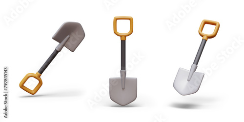 Set of realistic shovels in different positions. Vector tool for digging soil