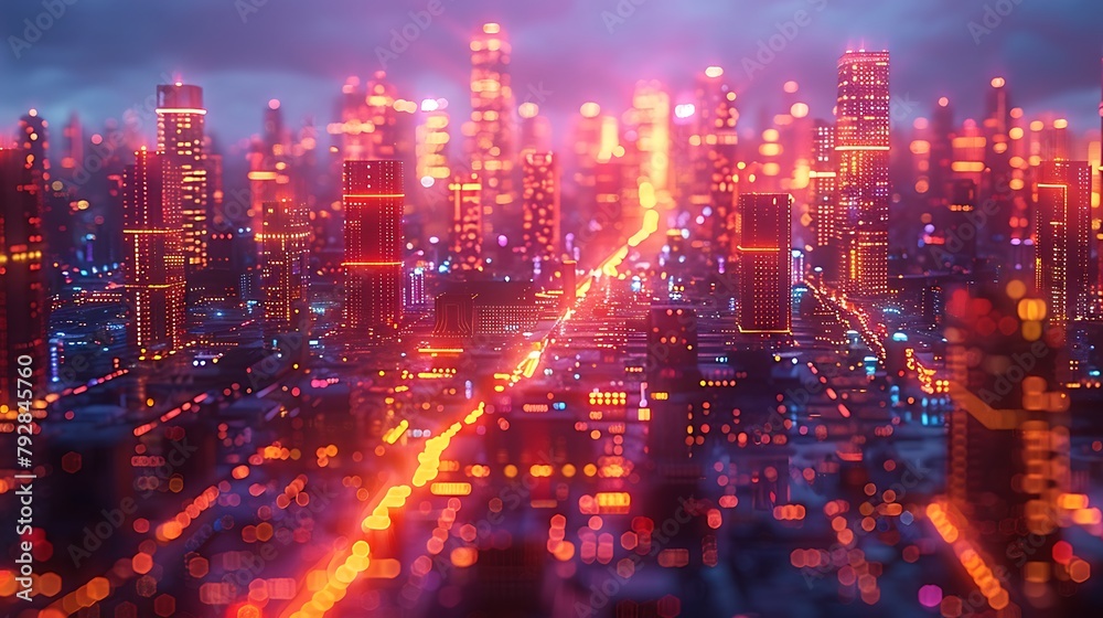 A panoramic view of a motherboard reenvisioned as a neon-lit city at night, where each LED and circuit trace mimics the lively streets of a modern metropolis.