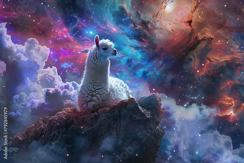 Cosmic Alpaca: Adorable Kawaii Astronaut Exploring Outer Space photo