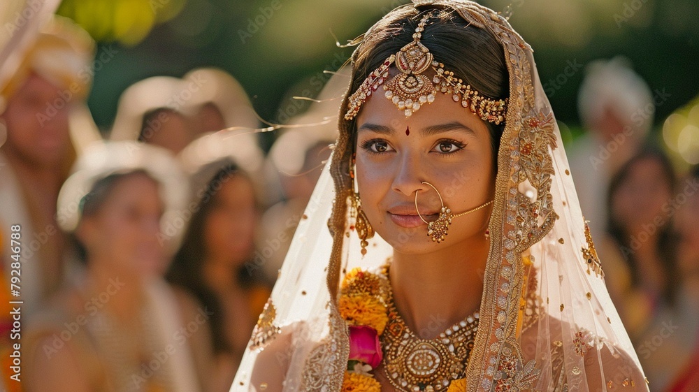 A beautiful Indian bride dressed traditionally is surrounded by guests during her sunny outdoor wedding ceremony.