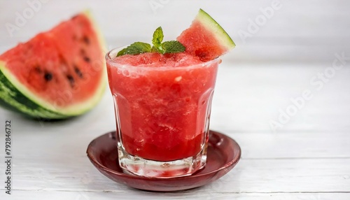 Watermelon juice on white wooden background.