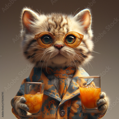 cat with a glass of orange juice (ID: 792846795)